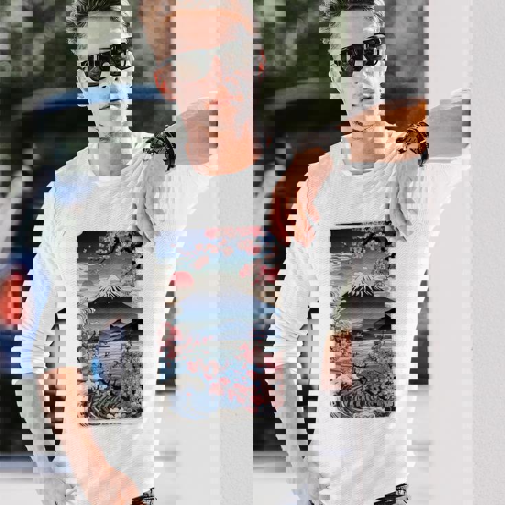 日本の桜庭 芸者 富士山 桜 木 長袖Tシャツ 彼への贈り物