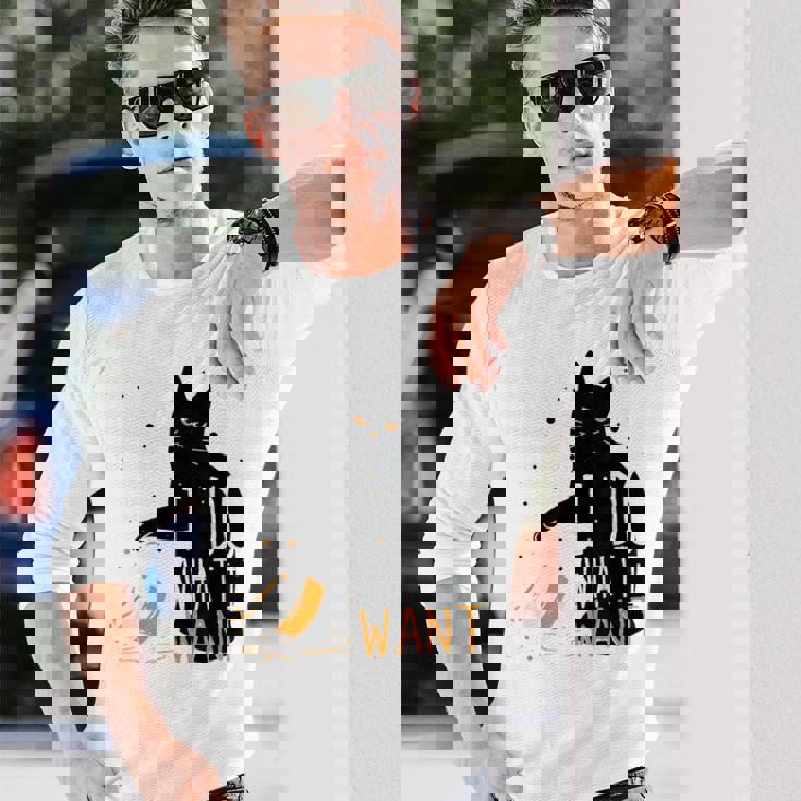 私は何をしたい黒猫カップ面白いグラフィック猫愛好家 長袖Tシャツ 彼への贈り物