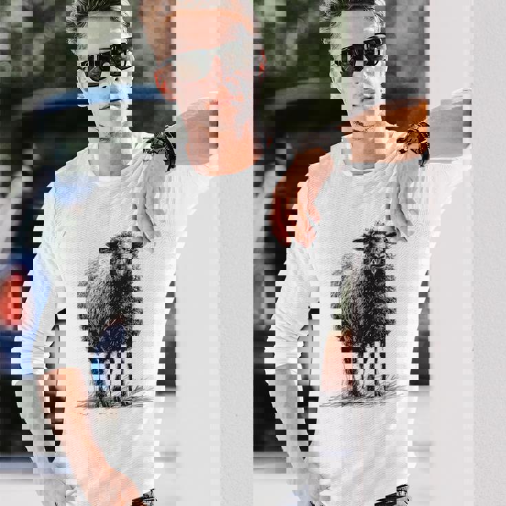 羊 アニマルプリント 動物園 ドローイング アート 絵画 羊 長袖Tシャツ 彼への贈り物