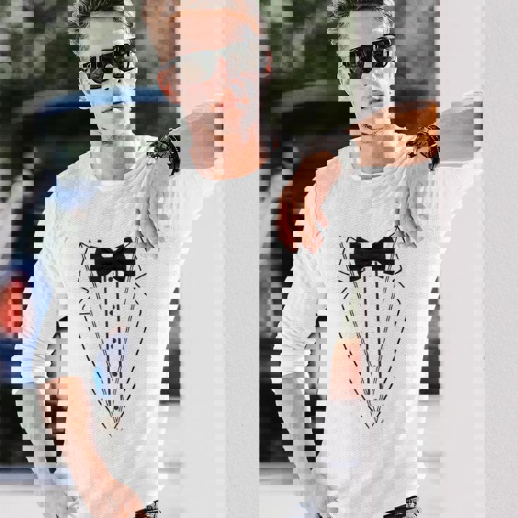 蝶ネクタイ付きホワイトtシャツ タキシード 面白いシャツ 長袖Tシャツ 彼への贈り物