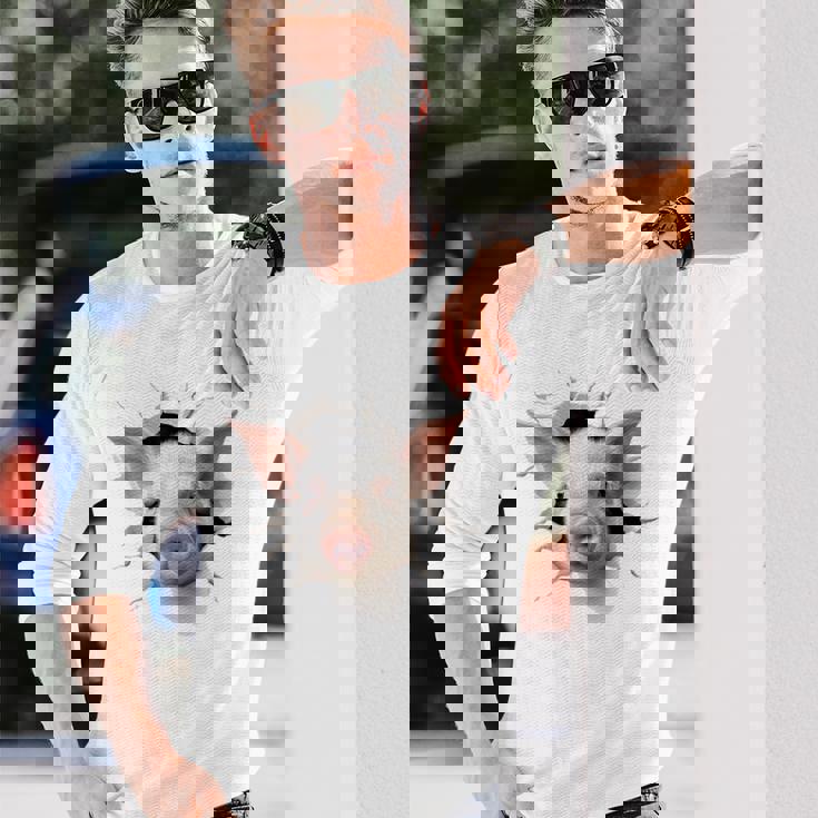 豚 アニマル柄 グラフィック 図面 イラスト 顔 豚 長袖Tシャツ 彼への贈り物