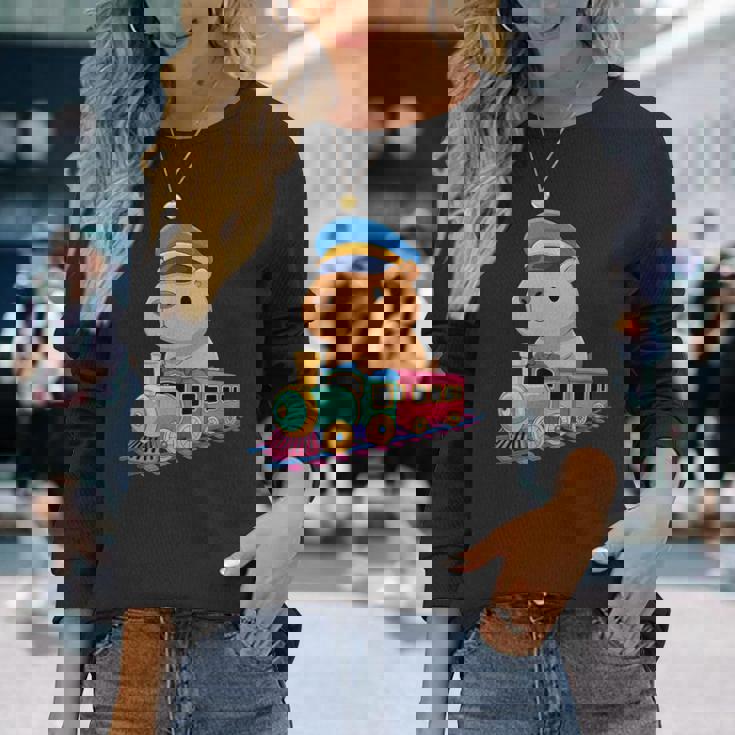 Capybara Riding Train Cute Kawaii Cartoon Rail Adventure 長袖Tシャツ 彼女への贈り物