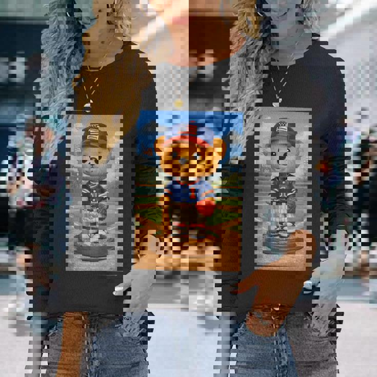 Cool Teddy Bear Baseball Player Illustration Graphic s 長袖Tシャツ 彼女への贈り物