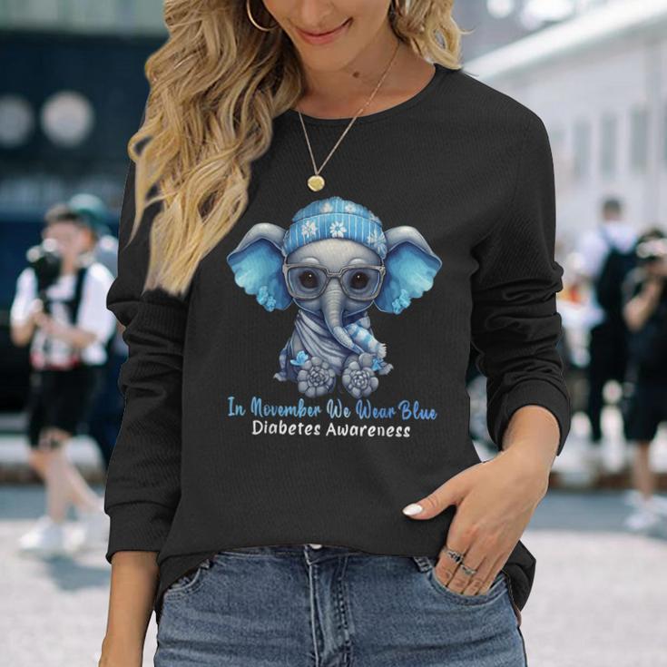 In November We Wear Blue Elephant Diabetes Awareness Long Sleeve T-Shirt Gifts for Her