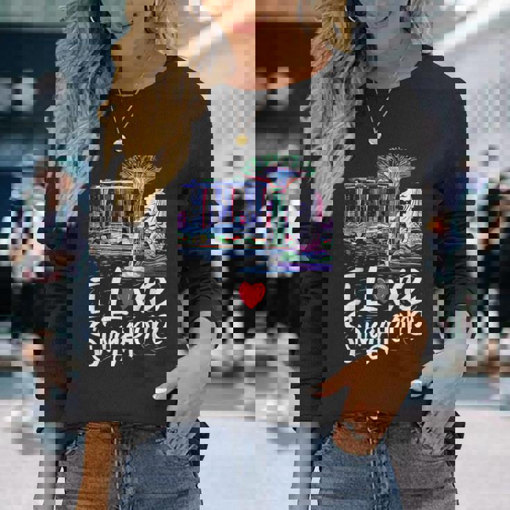 「I Loveingapore Citykyline」とマーライオンのデザイン。 長袖Tシャツ 彼女への贈り物