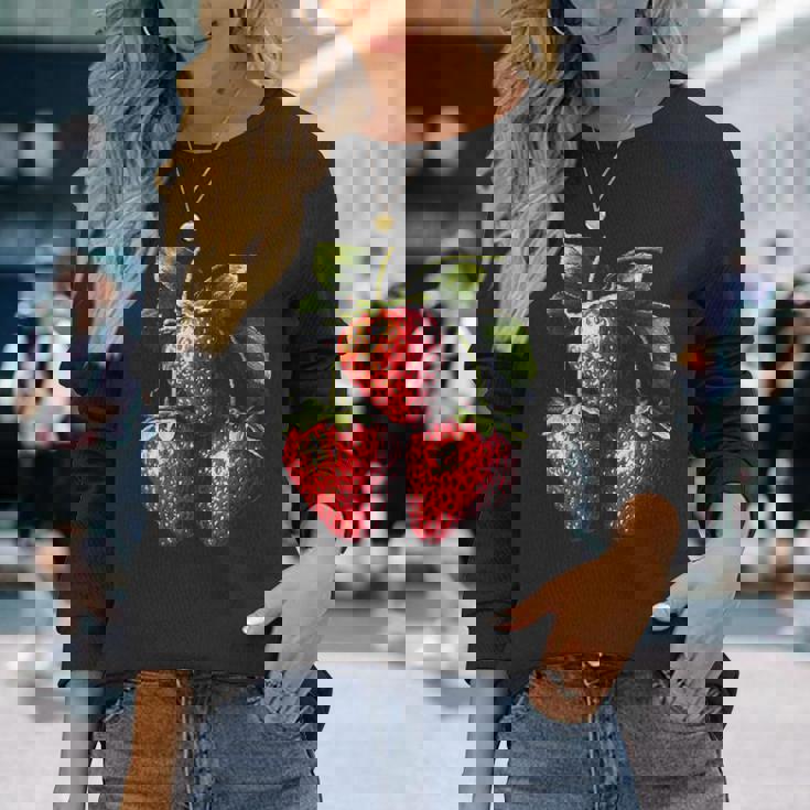 いちご フルーツモチーフ カラフル イラスト イチゴ 長袖Tシャツ 彼女への贈り物