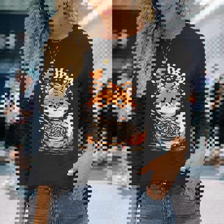 うどんが大好き カワイイきつねとうどん麺 長袖Tシャツ 彼女への贈り物