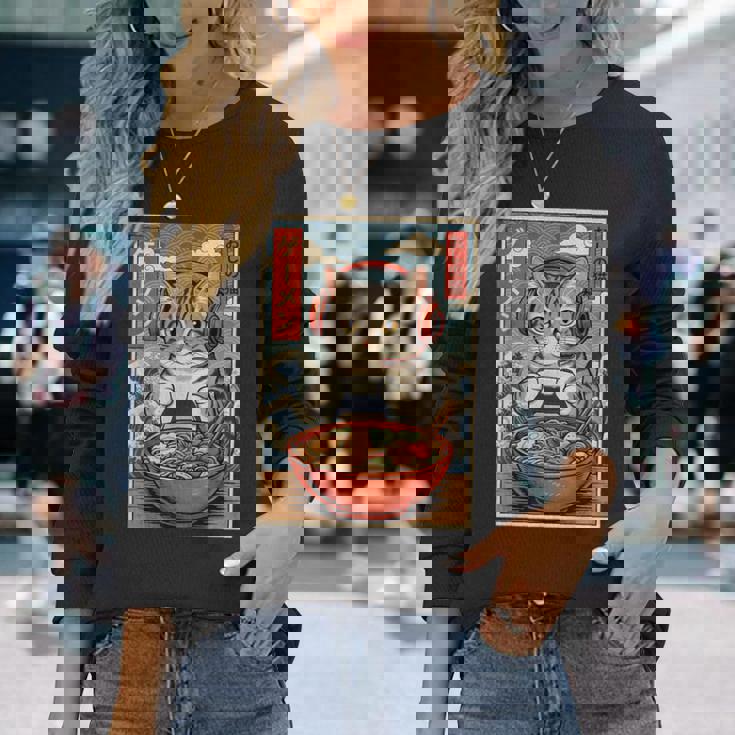 かわいい カワイイ ゲーマー猫 ラーメン ゲーム好き 猫好き向け 面白い デザイン レトロ 和風 日本 アニメ 長袖Tシャツ 彼女への贈り物