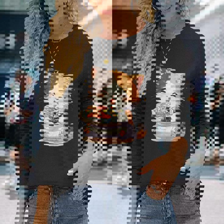 わがまま猫 寿司ねこ ラーメン好き かわいい おもしろ マンガ 長袖Tシャツ 彼女への贈り物