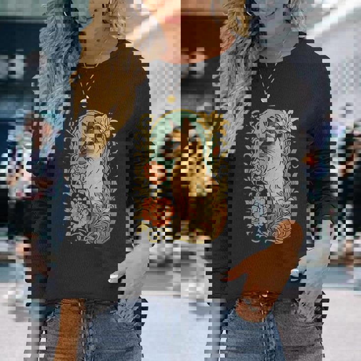 エレガントなガーデンフローラルに囲まれたヴィンテージシャム猫 長袖Tシャツ 彼女への贈り物