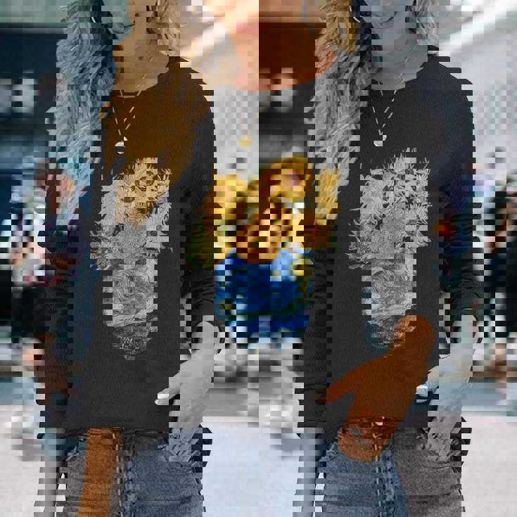 ゴッホ ひまわり&星月夜ポケット 美的アート 長袖Tシャツ 彼女への贈り物