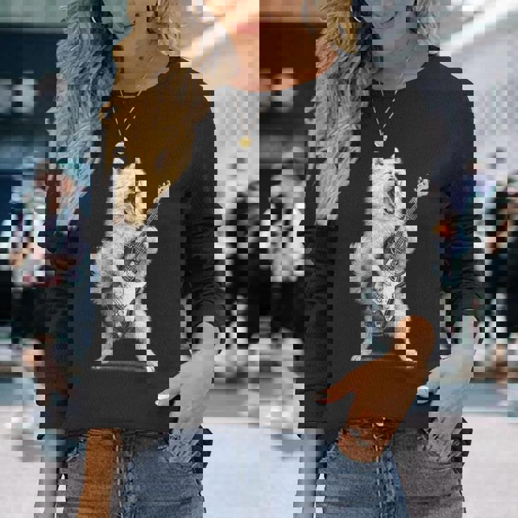 サモエド ギターを弾く ロックミュージック 犬好き 長袖Tシャツ 彼女への贈り物