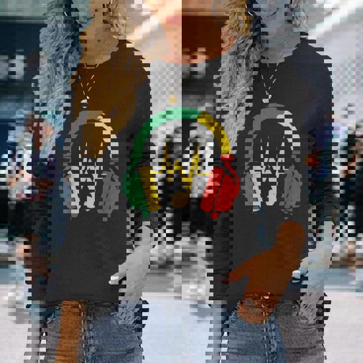 ジャマイカの国旗の色のデザインでレゲエの雰囲気を表現 長袖Tシャツ 彼女への贈り物