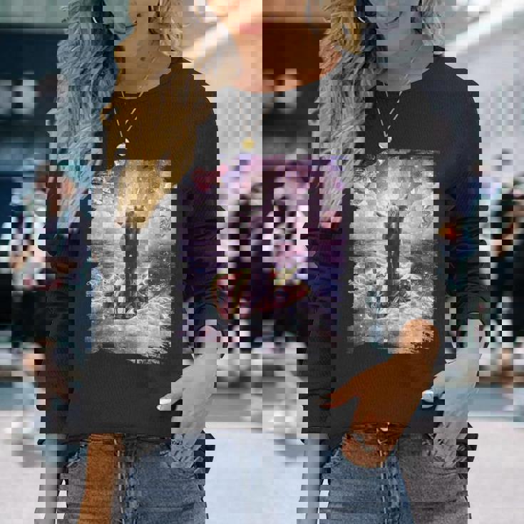 スペースキャットライディングアルパカユニコーン-ピザ＆タコス 長袖Tシャツ 彼女への贈り物