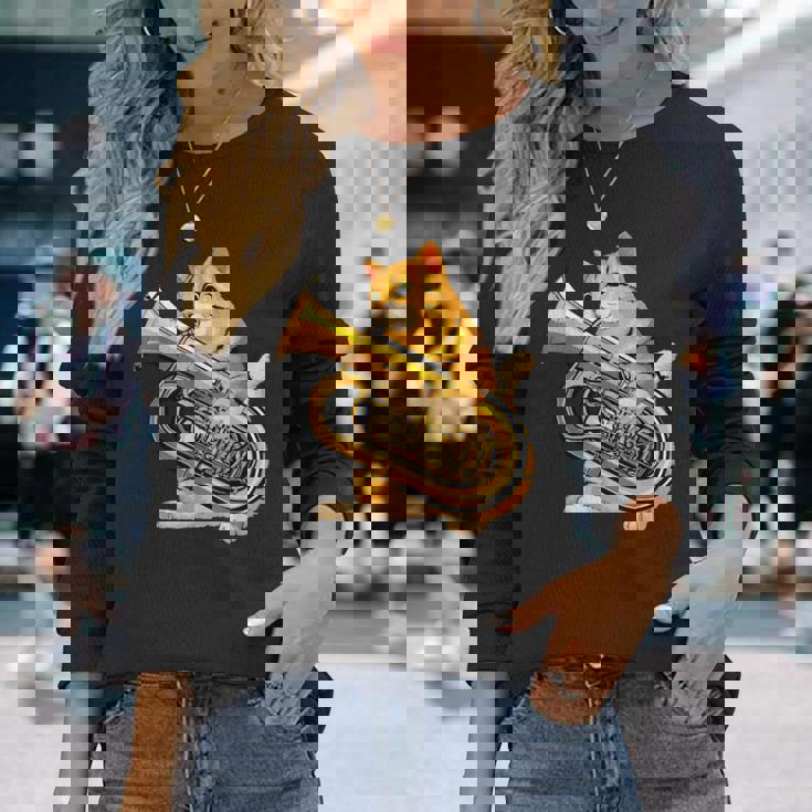 チューバを弾く面白い猫ギフト かわいい子猫ミュージシャンファン 長袖Tシャツ 彼女への贈り物