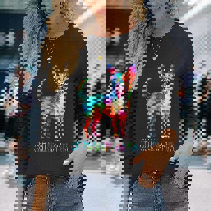 チワワ ママ 水彩画 芸術的 犬 恋人 ティーカップ 長袖Tシャツ 彼女への贈り物