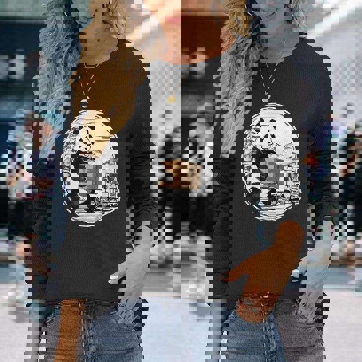 トラック運転手 パンダ 運送業 水墨画 和風 おもしろ 動物 長袖Tシャツ 彼女への贈り物