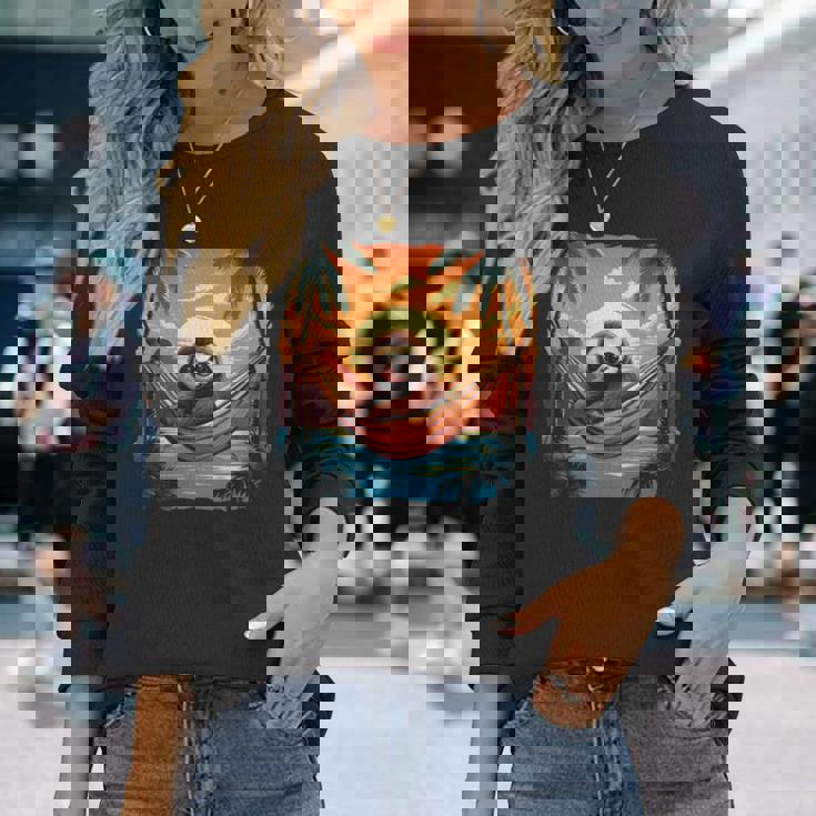 ナマケモノ ハンモック トロピカル サンセット リラクゼーション ヤシの木 平和 長袖tシャツ 長袖Tシャツ 彼女への贈り物