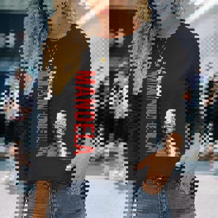 ネルソン・マンデラ 上げた 右手拳 食いしばり マンデラの日 長袖Tシャツ 彼女への贈り物