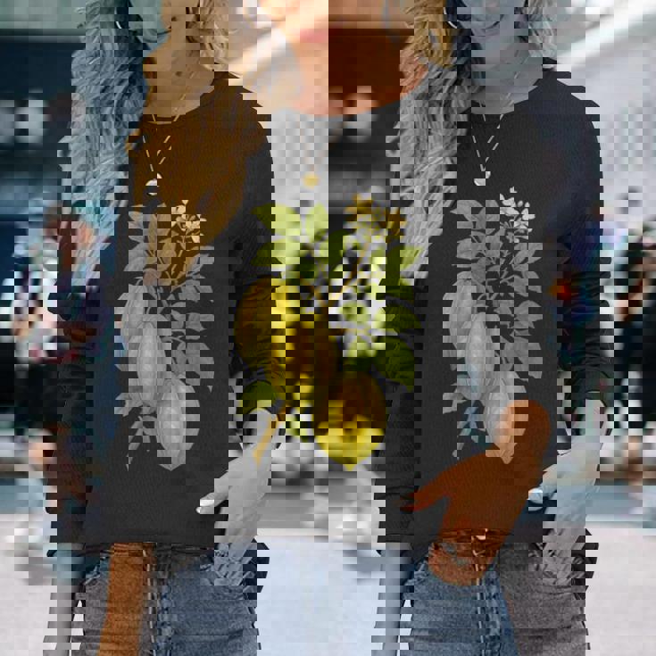 ビンテージ ボタニカル スターフルーツ 自然 アートプリント 長袖Tシャツ 彼女への贈り物