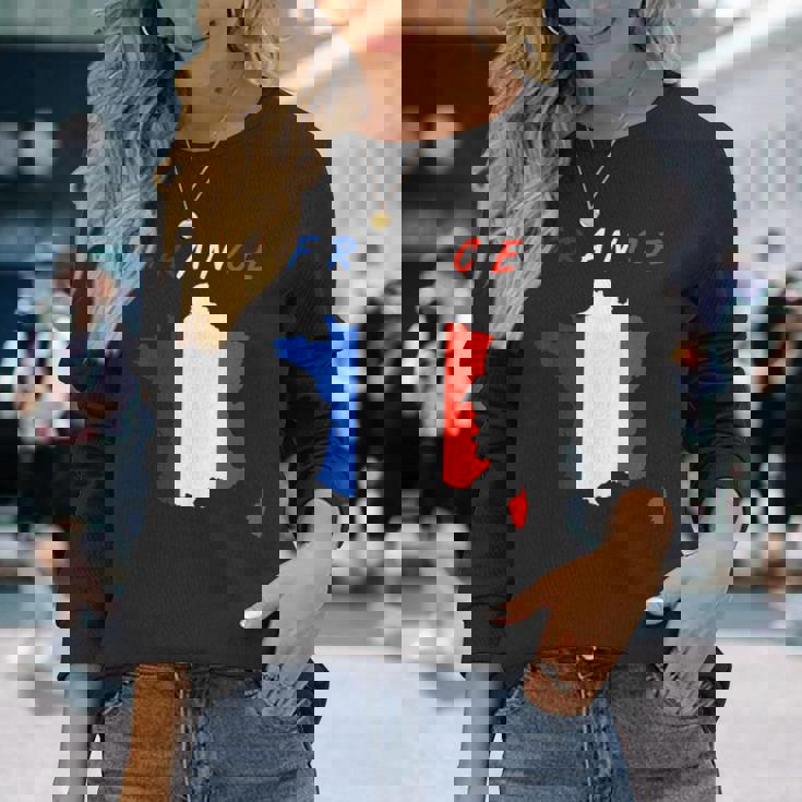 フランスの地図の中のフランス国旗tシャツ 長袖Tシャツ 彼女への贈り物