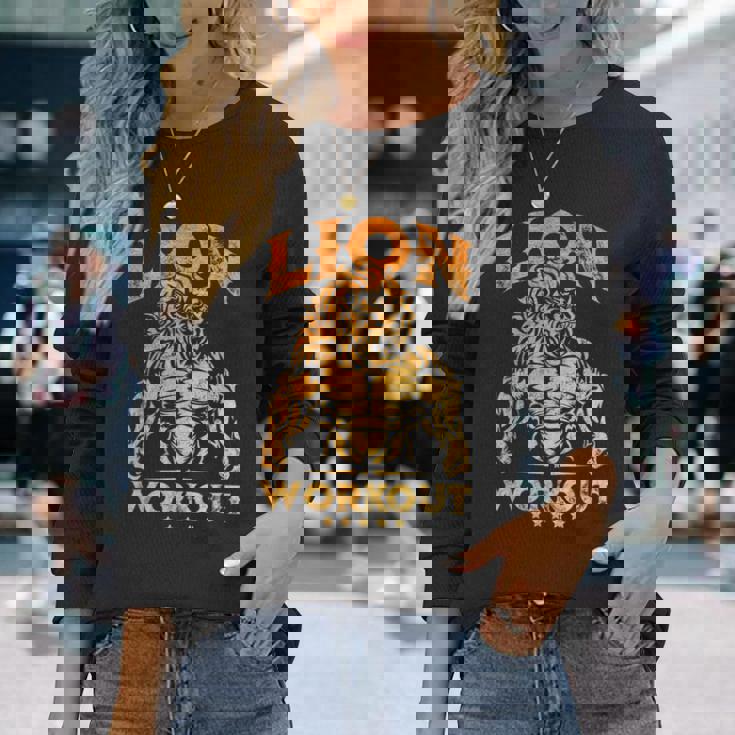 ライオン ワークアウト ゴールド トレーニング ビースト ジム フィットネス パワーマッスル 長袖Tシャツ 彼女への贈り物