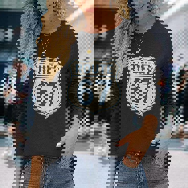 レトロ ルート 67 ハイウェイ サイン ヴィンテージ ロード ノスタルジア 長袖Tシャツ 彼女への贈り物