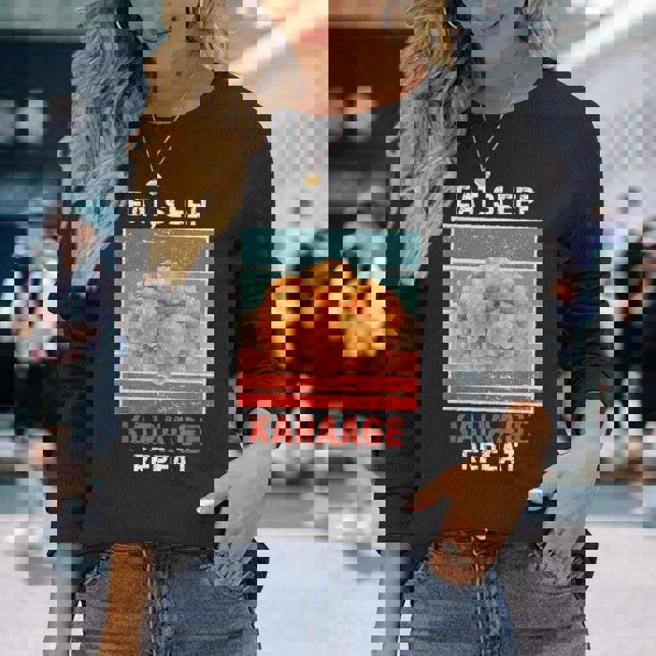 レトロ 食べる 寝る からあげ リピート ヴィンテージ からあげ フード好き 長袖Tシャツ 彼女への贈り物