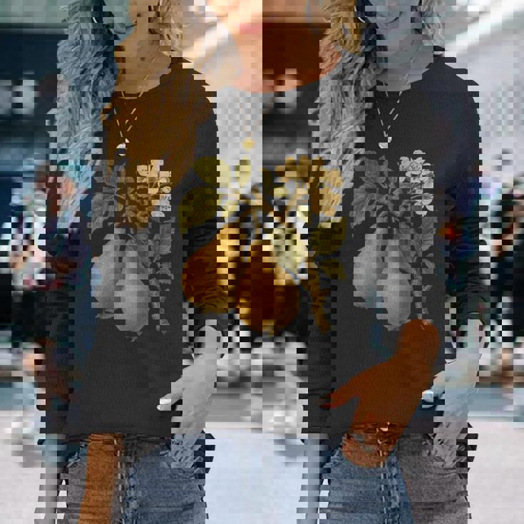 ヴィンテージボタニカル梨アートプリント 長袖Tシャツ 彼女への贈り物