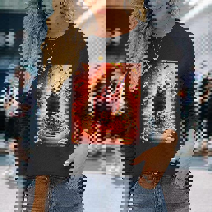 宇宙 猫 ライディング ラマ ユニコーン ピザ 長袖Tシャツ 彼女への贈り物