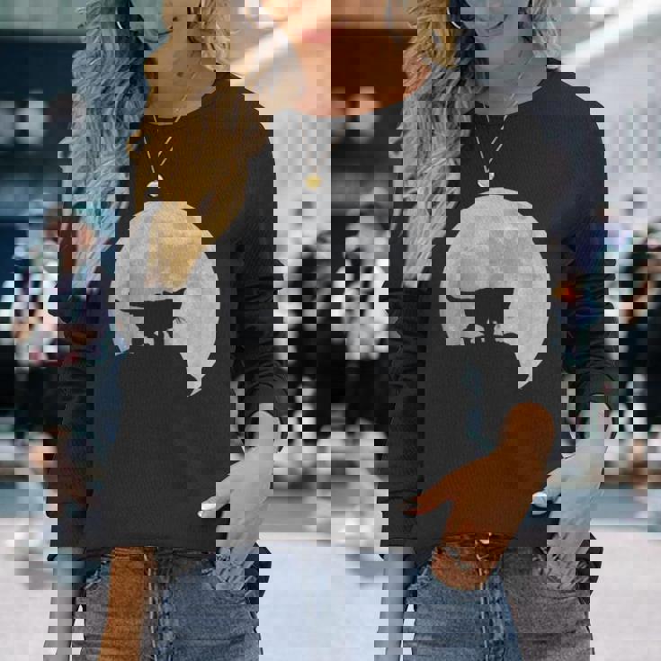 月と猫のシルエット ソマリ猫 長袖Tシャツ 彼女への贈り物