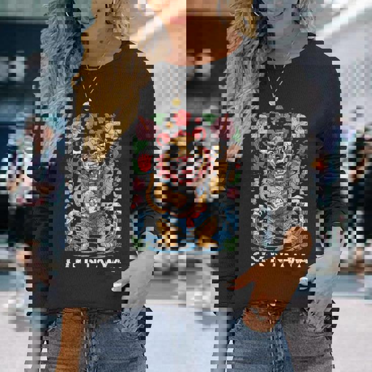 沖縄シーサーガーディアンライオン日本民俗土産デザイン 長袖Tシャツ 彼女への贈り物