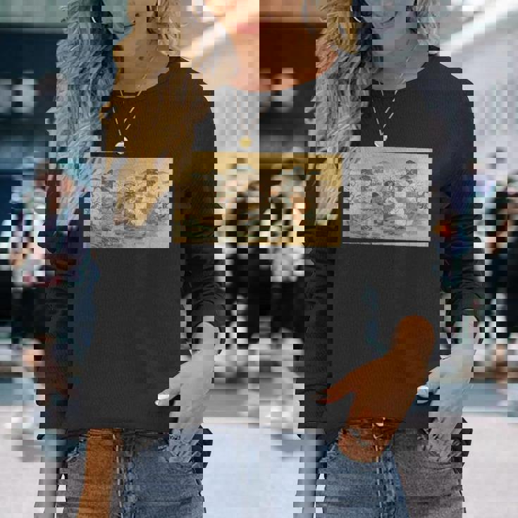 狸 狐 屏風絵 日本画 たぬき きつね 長袖Tシャツ 彼女への贈り物