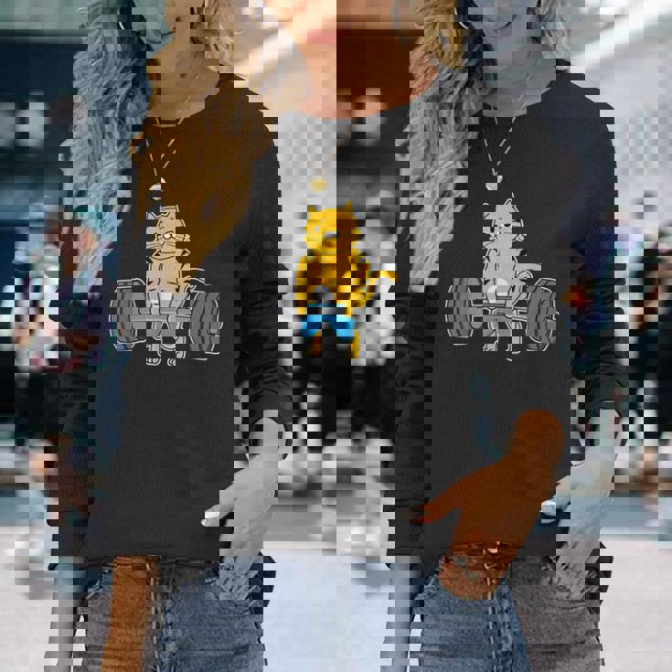 猫 デッドリフト パワーリフティング ウェイトリフティング 猫好き 長袖Tシャツ 彼女への贈り物