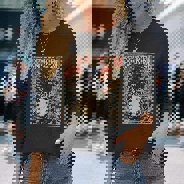 猫 演奏 ドラム ロック オン ヴィンテージ ロック ドラマー 猫 長袖tシャツ 長袖Tシャツ 彼女への贈り物