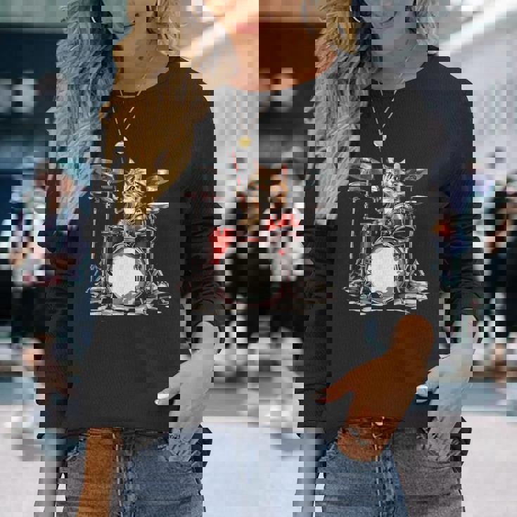 猫太鼓ドラムスティックかわいい猫と音楽 長袖Tシャツ 彼女への贈り物