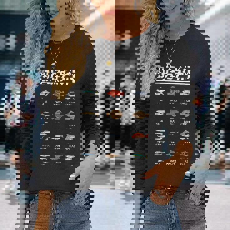 釣り魚ガイド アジ カツオ 鱚 カレイ 平目 サンマ 真鯛 鰯 マゴチ ブリ 太刀魚 釣り好き 海釣り 船釣り 釣り 長袖Tシャツ 彼女への贈り物