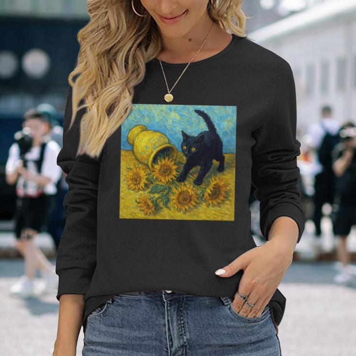 面白いゴッホのひまわり、猫のミーム、黒猫のアート。 長袖tシャツ 長袖Tシャツ 彼女への贈り物