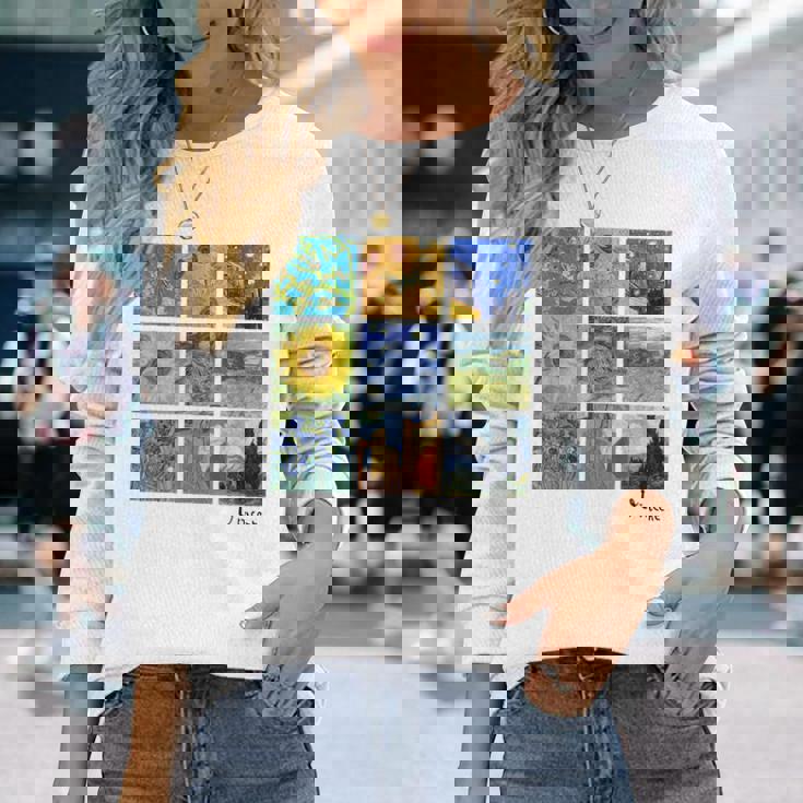 ひまわりと星月夜のゴッホ絵画コラージュ 長袖Tシャツ 彼女への贈り物