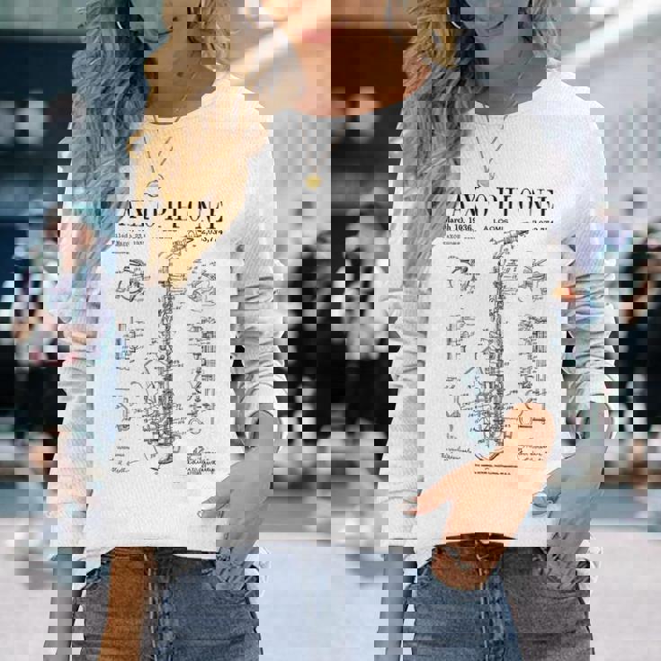 サックス オールド ヴィンテージ 特許 図面 プリント 長袖Tシャツ 彼女への贈り物