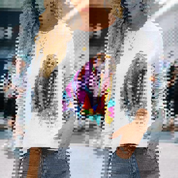 セイウチ 動物 モチーフ イラスト セイウチ 長袖Tシャツ 彼女への贈り物