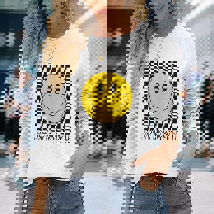 ハッピーマインド ハッピーライフ 70年代 スマイルチェック ハッピースマイルフェイス 長袖Tシャツ 彼女への贈り物