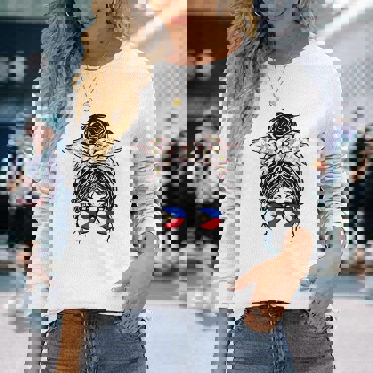 フィリピン 散らかった団子 バンダナ付き フィリピン国旗グラス 長袖tシャツ 長袖Tシャツ 彼女への贈り物