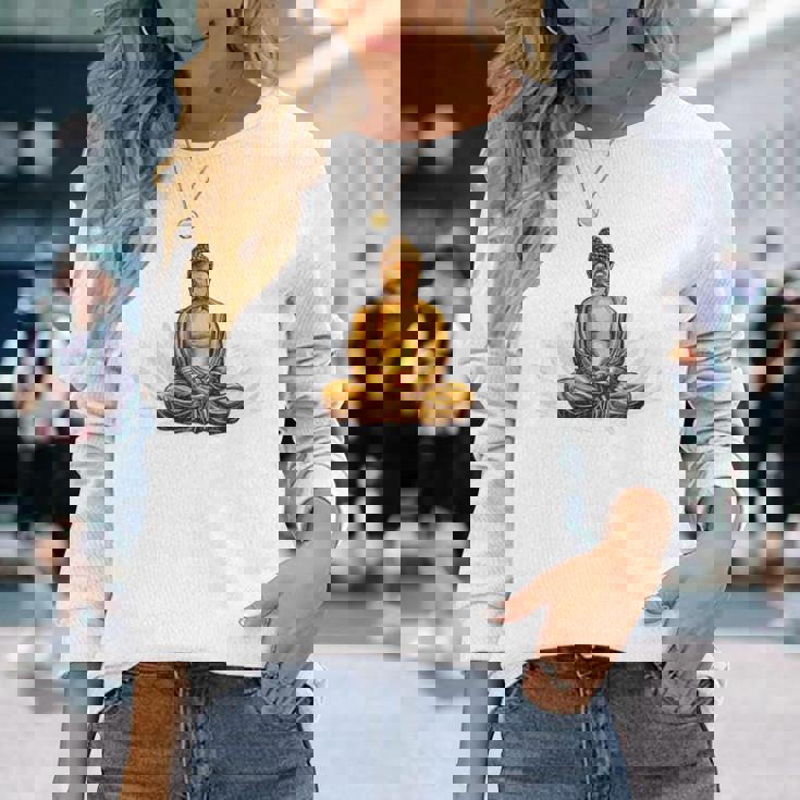 ブッダ 国際ヨガデー バックプリント 長袖Tシャツ 彼女への贈り物