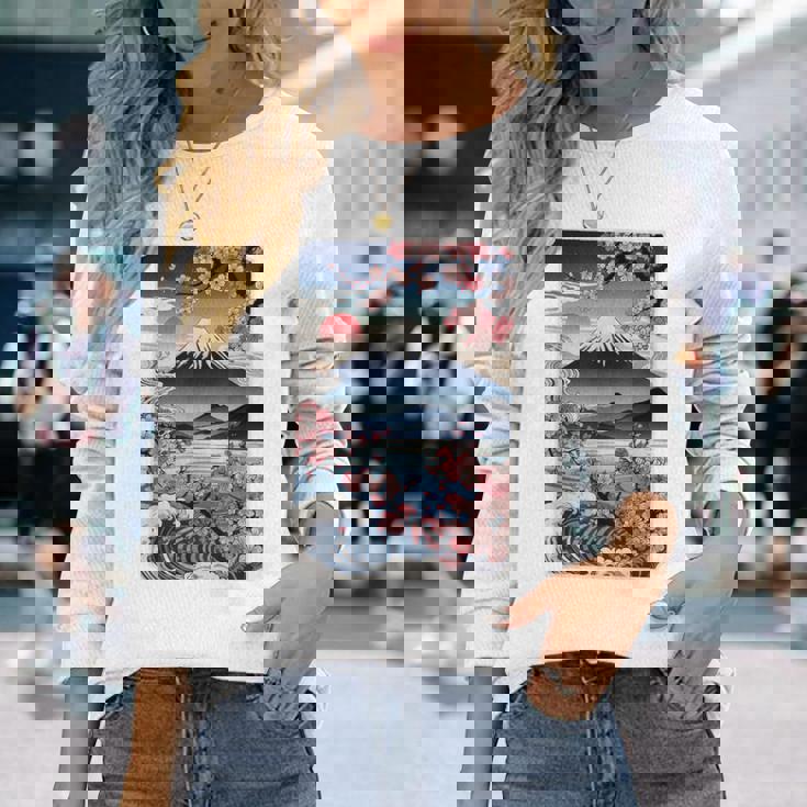 日本の桜庭 芸者 富士山 桜 木 長袖Tシャツ 彼女への贈り物