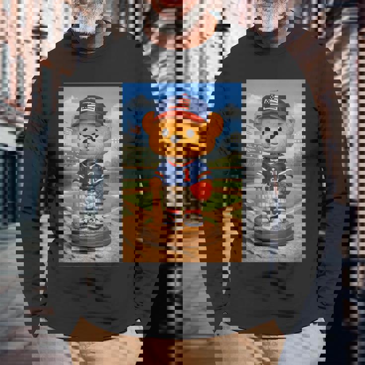 Cool Teddy Bear Baseball Player Illustration Graphic s 長袖Tシャツ 高齢者への贈り物