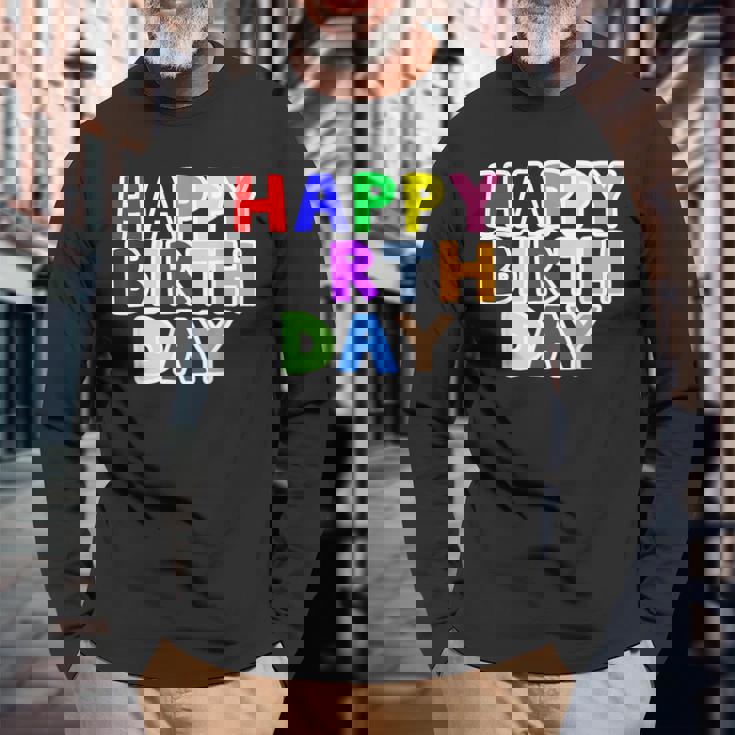 Happy Birthday（ハッピーバースデー）カラフルポップ【お誕生日 プリント】サプライズ 文字 イベントデザイン 長袖Tシャツ 高齢者への贈り物
