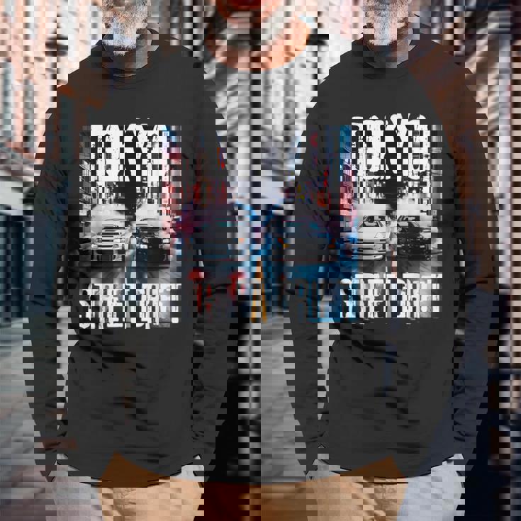 Jdm日本人ドリフトレースカー2台 東京ストリートドリフト夜 長袖Tシャツ 高齢者への贈り物