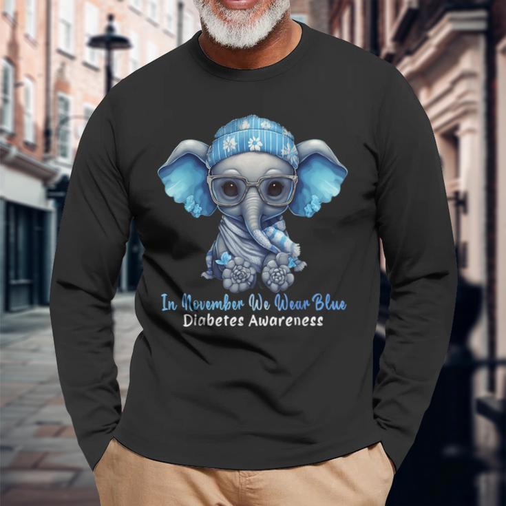 In November We Wear Blue Elephant Diabetes Awareness Long Sleeve T-Shirt Gifts for Old Men