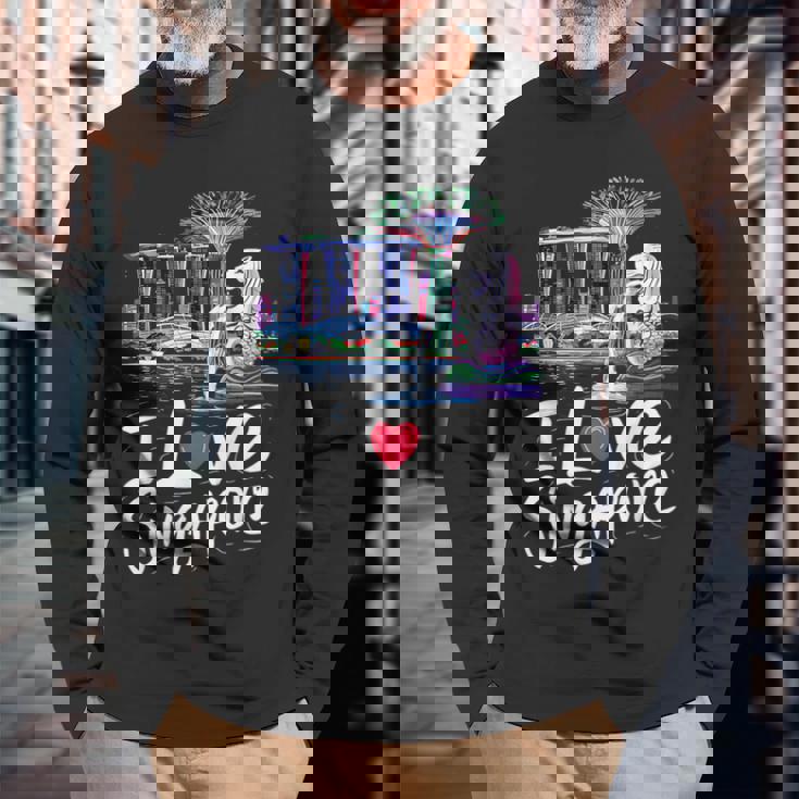 「I Loveingapore Citykyline」とマーライオンのデザイン。 長袖Tシャツ 高齢者への贈り物